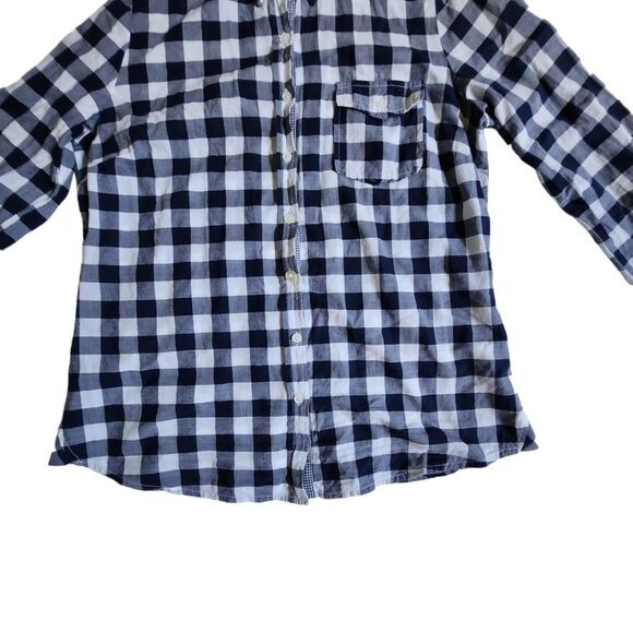 Girl Krazy navy gray white checkered button up long sleeve top sz L - Picture 6 of 12